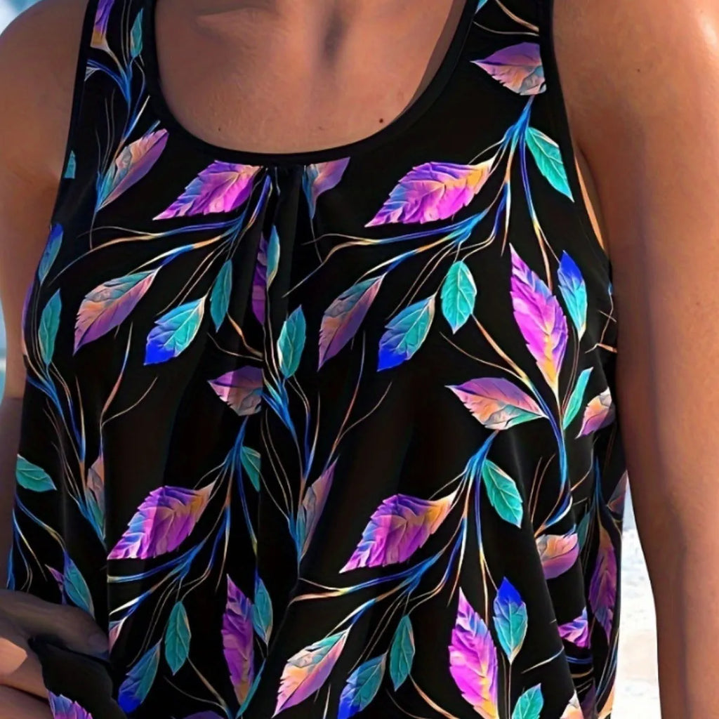 Women's leaf pattern swimsuit with separate top and shorts in polyester fabric