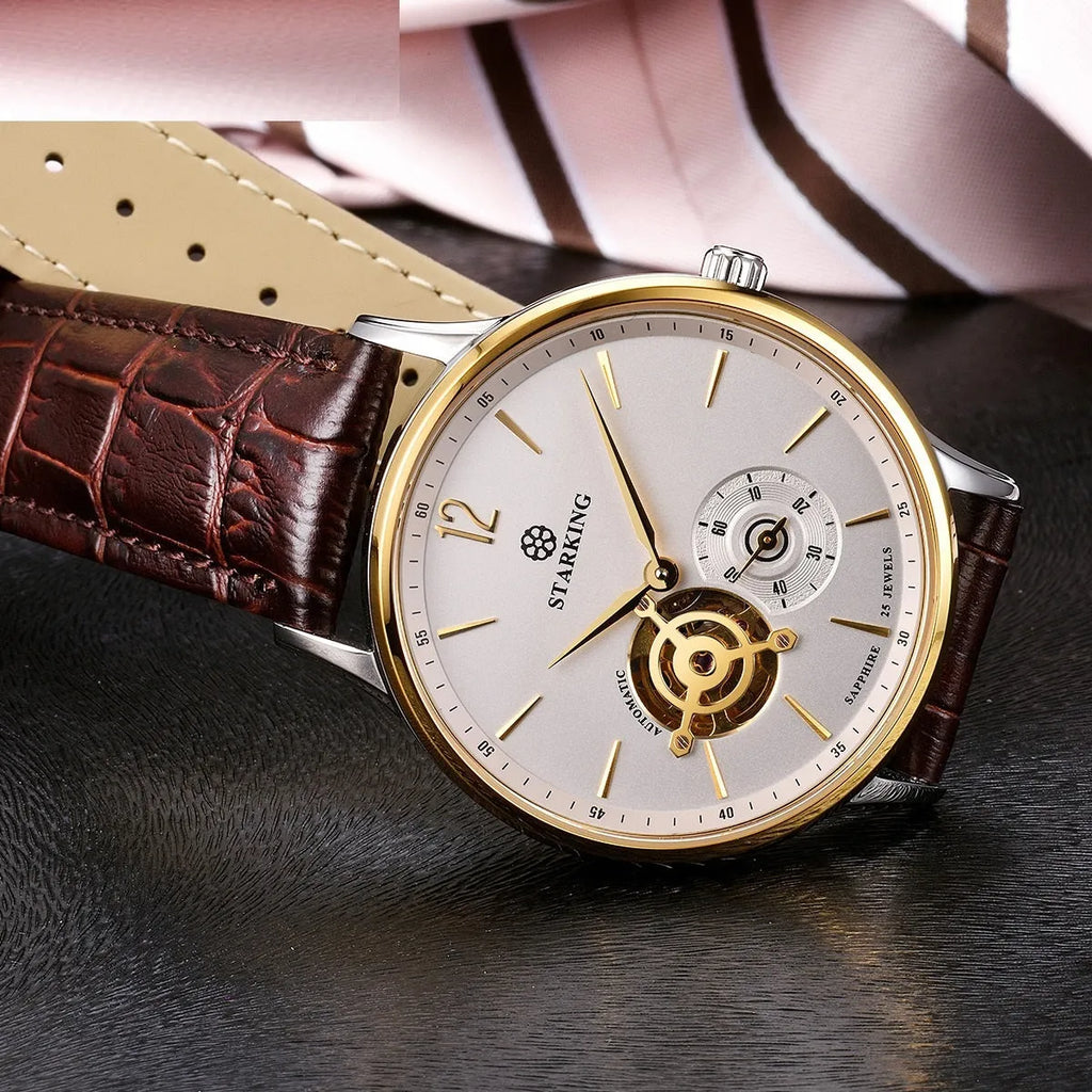 Men's automatic mechanical waterproof business watch with stainless steel case and brown leather strap