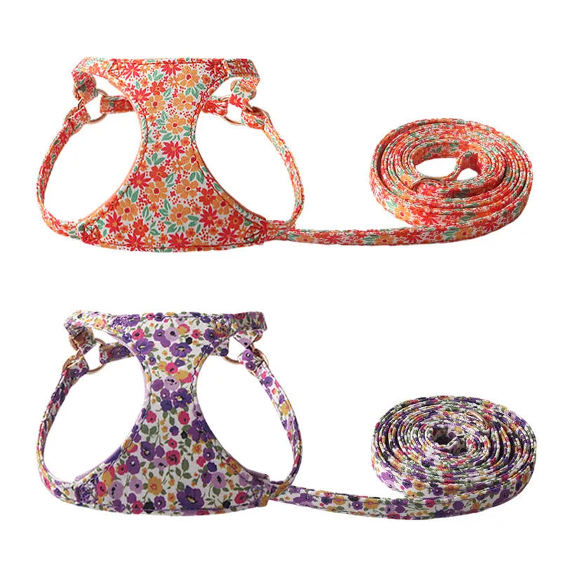 Floral pattern pet harness suit with matching leash in cloth material showing size options