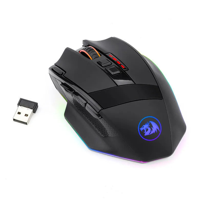 Black Redragon M801P wireless gaming mouse with multiple side buttons on ergonomic right-handed design