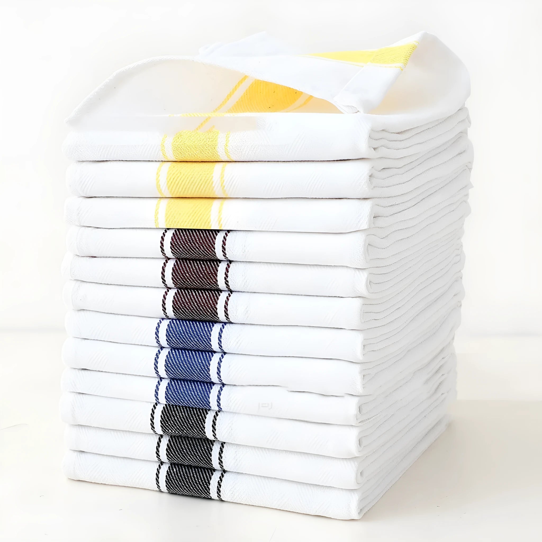 Set of twelve cotton dishwashing towels in striped pattern, each measuring 48 by 70 centimetres.