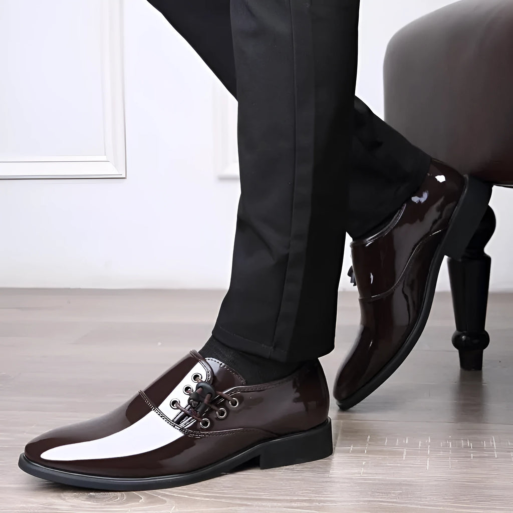 Men's black and brown lace-up formal shoes with round toe and square heel
