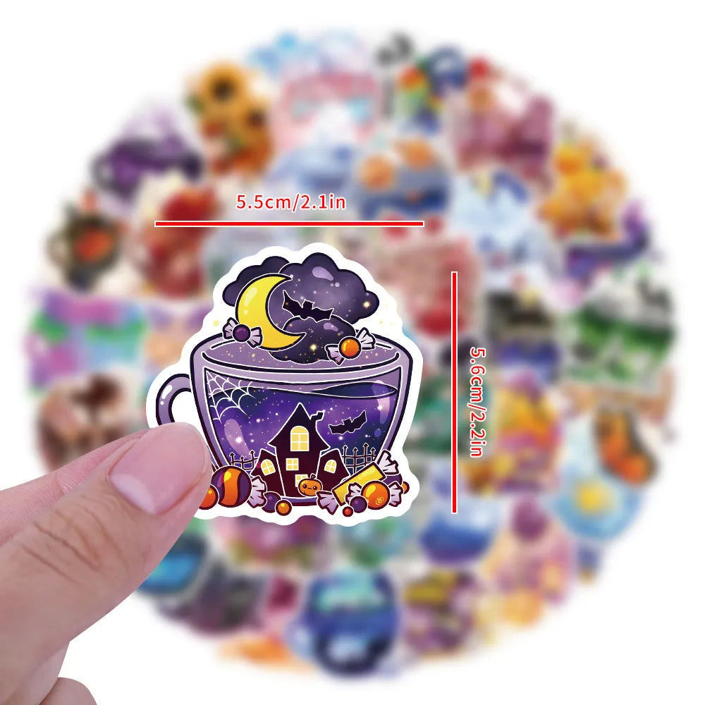 Colourful tea cup graffiti waterproof stickers in Nordic style, 50-piece pack for sports equipment and luggage