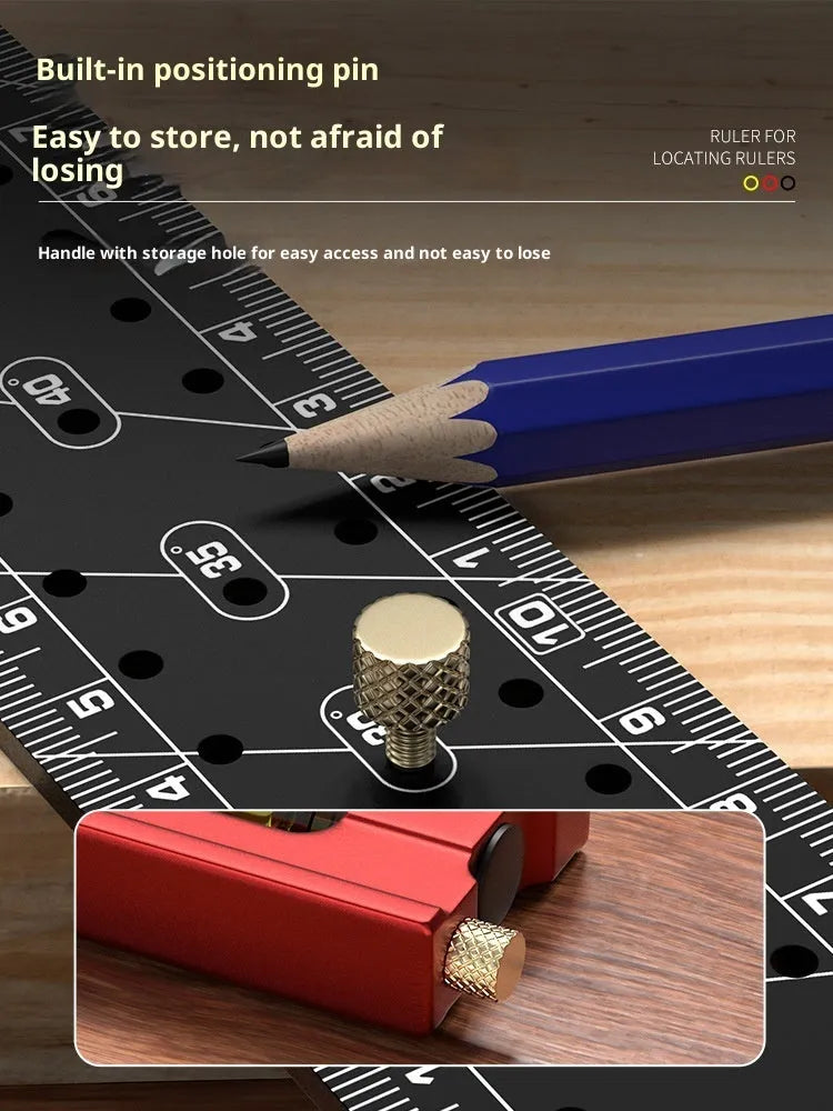 Thick aluminium alloy lineation ruler with multi-angle positioning and scribing holes for woodworking