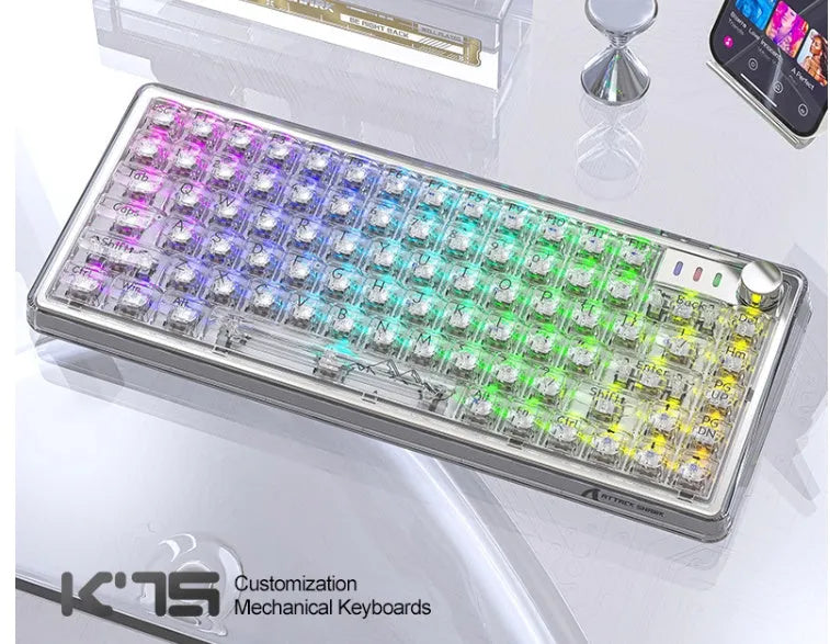 Attack Shark K75 wireless mechanical keyboard with transparent PC case and RGB backlighting.