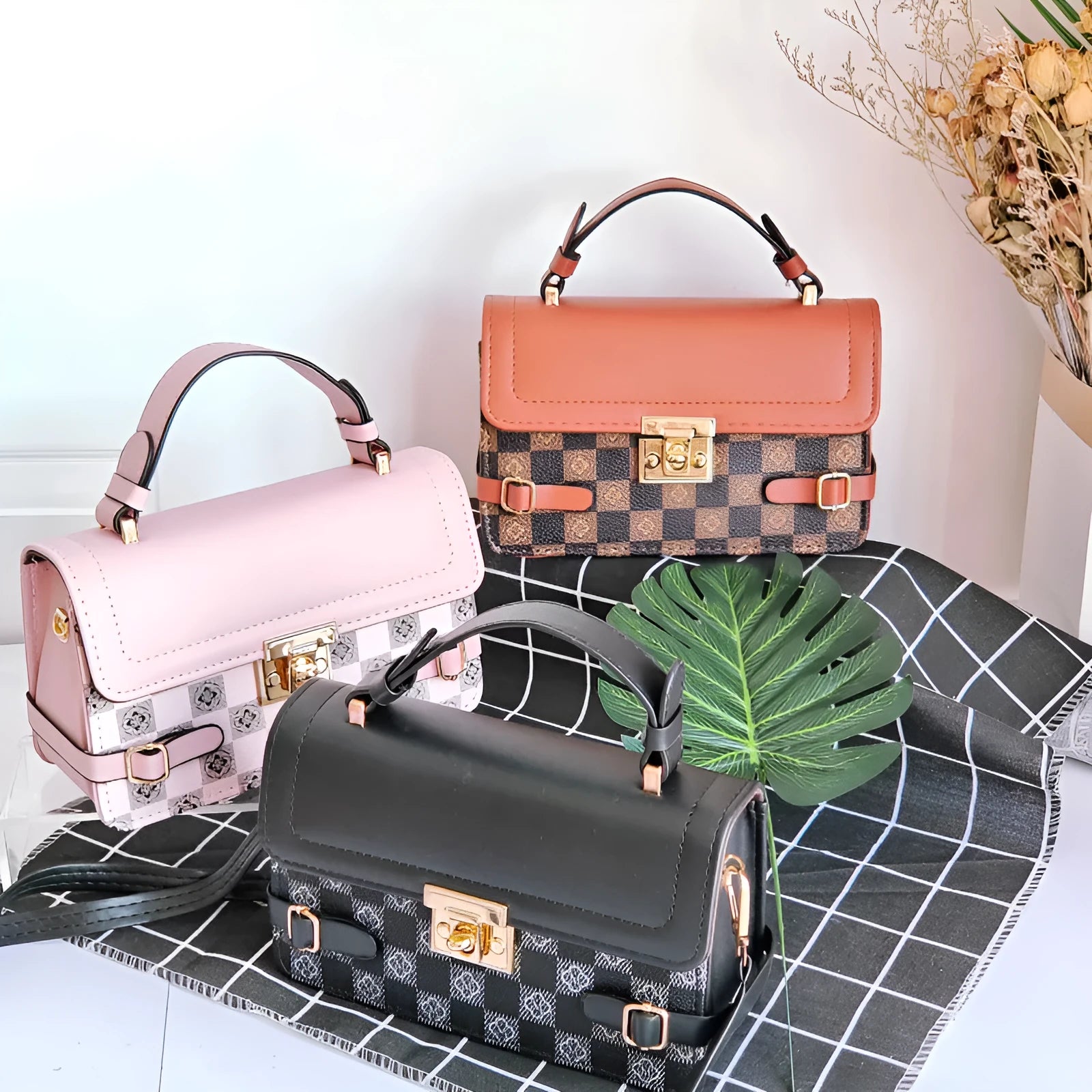 Retro ethnic crossbody bag with small square pattern in multiple colour options