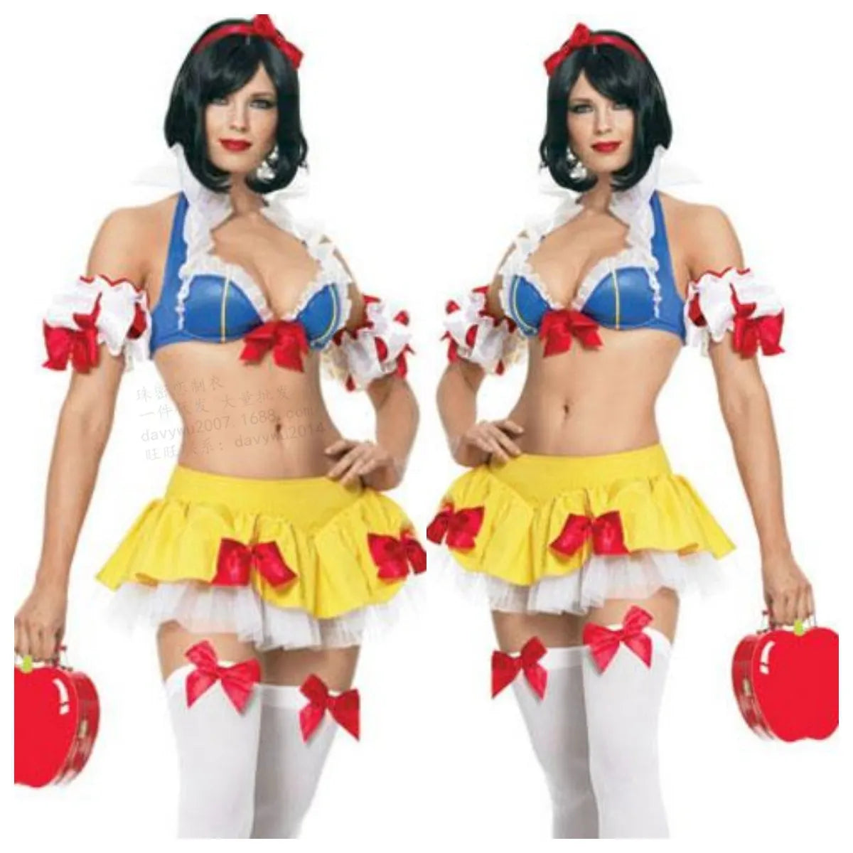 Snow White anime costume dress with headdress, crop top, skirt, and detachable sleeves for Halloween cosplay