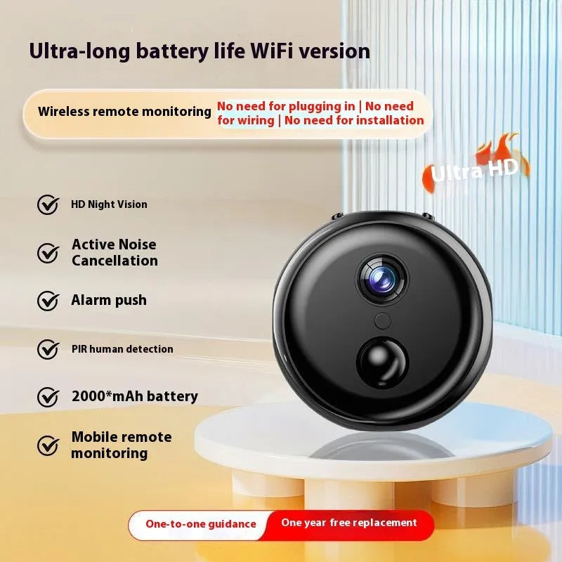 Wireless 360-degree rotating security camera with HD night vision on table