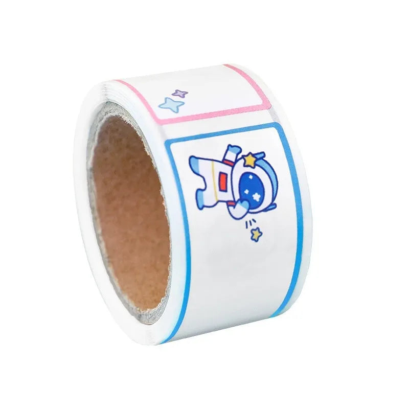 Roll of colourful cartoon name tape stickers for student organisation in dinosaur, astronaut, rabbit, or girl designs