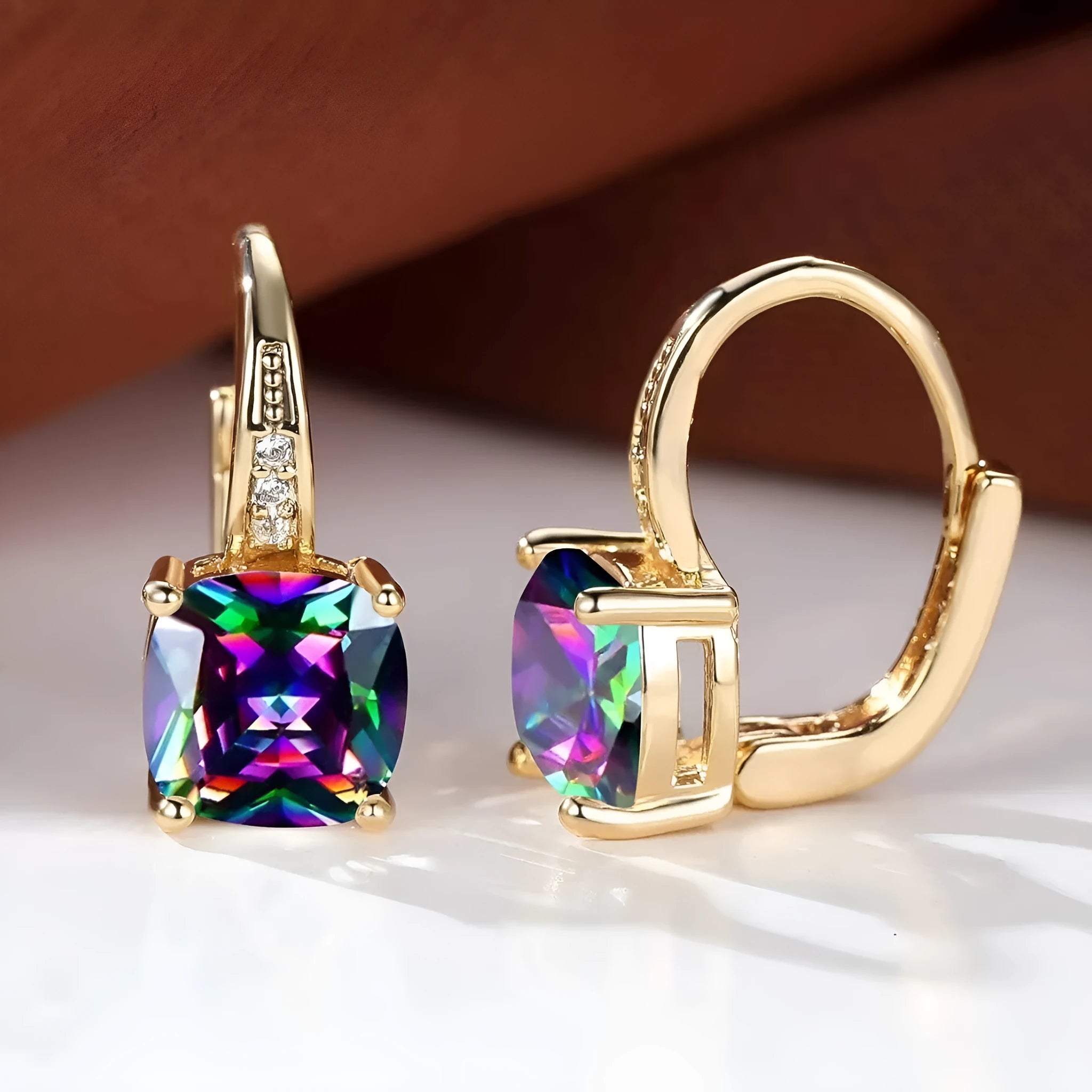 Geometric square ear clips with moissanite inlays in gold silver and coloured electroplated finishes