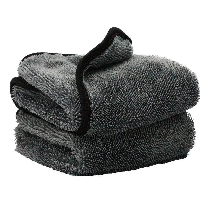 Grey square microfiber car wash towel laid flat, showing its 40x40 cm size.