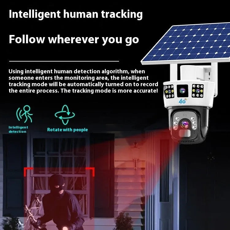 Solar-powered outdoor surveillance camera with three screens and solar panel