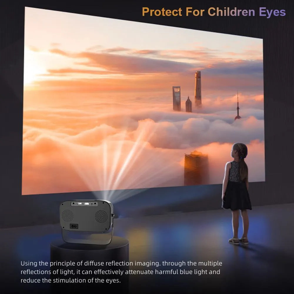 Black portable smart projector with remote control showing HD 1280x720 resolution and 150 lumens specifications