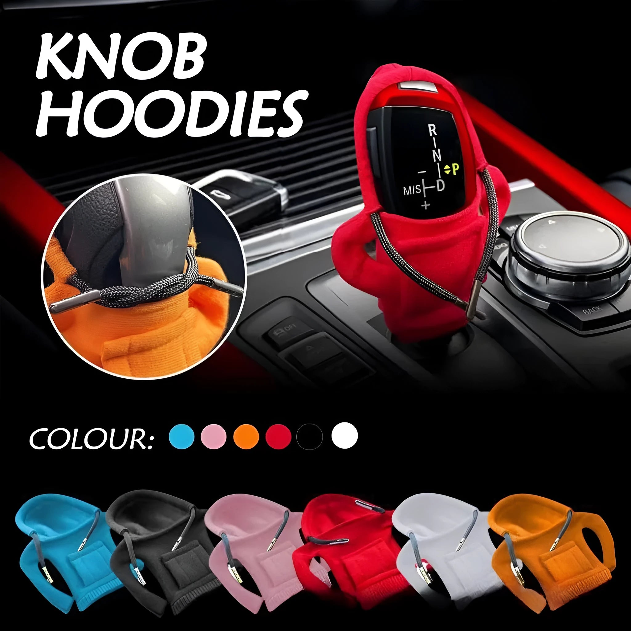 Velvet car gear handle sleeve in multiple colours showing tight, loose and new fit versions