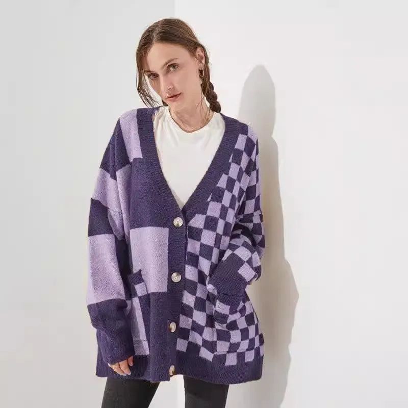Grey printed checks knitwear cardigan on a model, showing loose slim fit and regular sleeves.