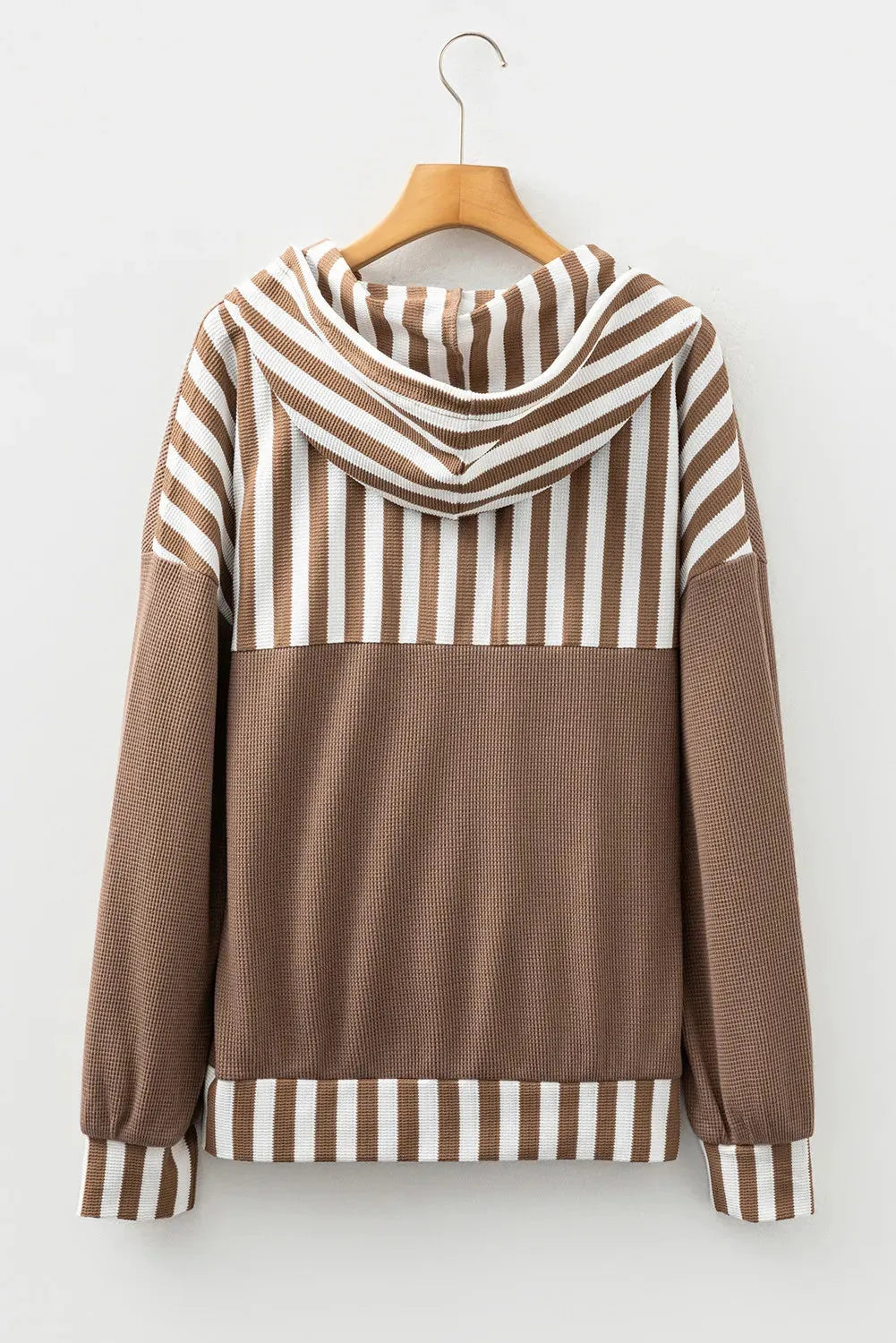 Straw yellow waffle texture striped patchwork women's hoodie with button neck and drawstring hood
