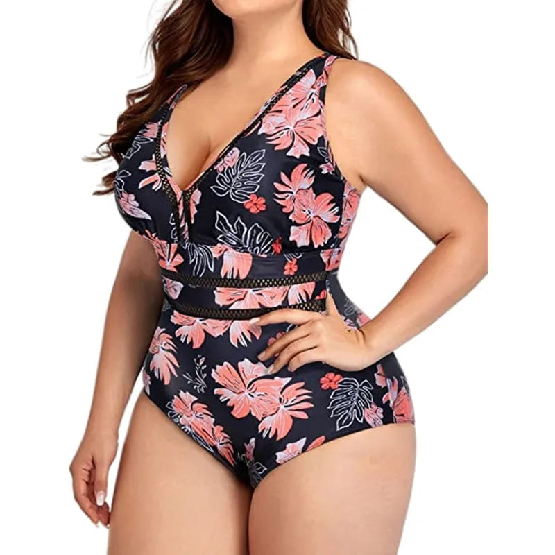 Black printed plus size bikini swimsuit for women with Siamese stitching on polyester mesh fabric