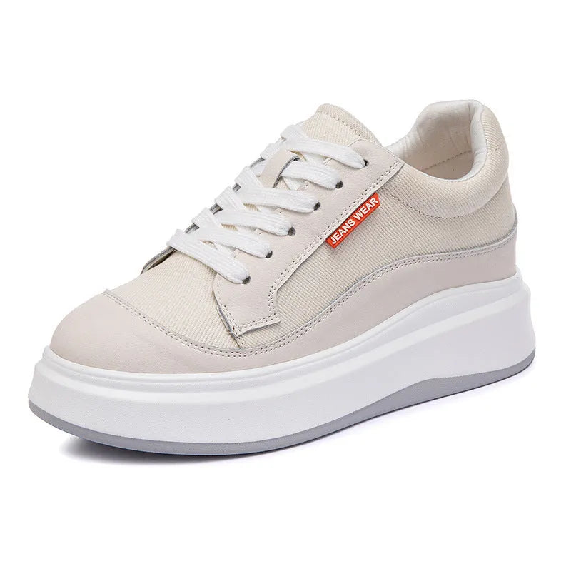 Women's pink leather platform shoes with thick soles for height increase