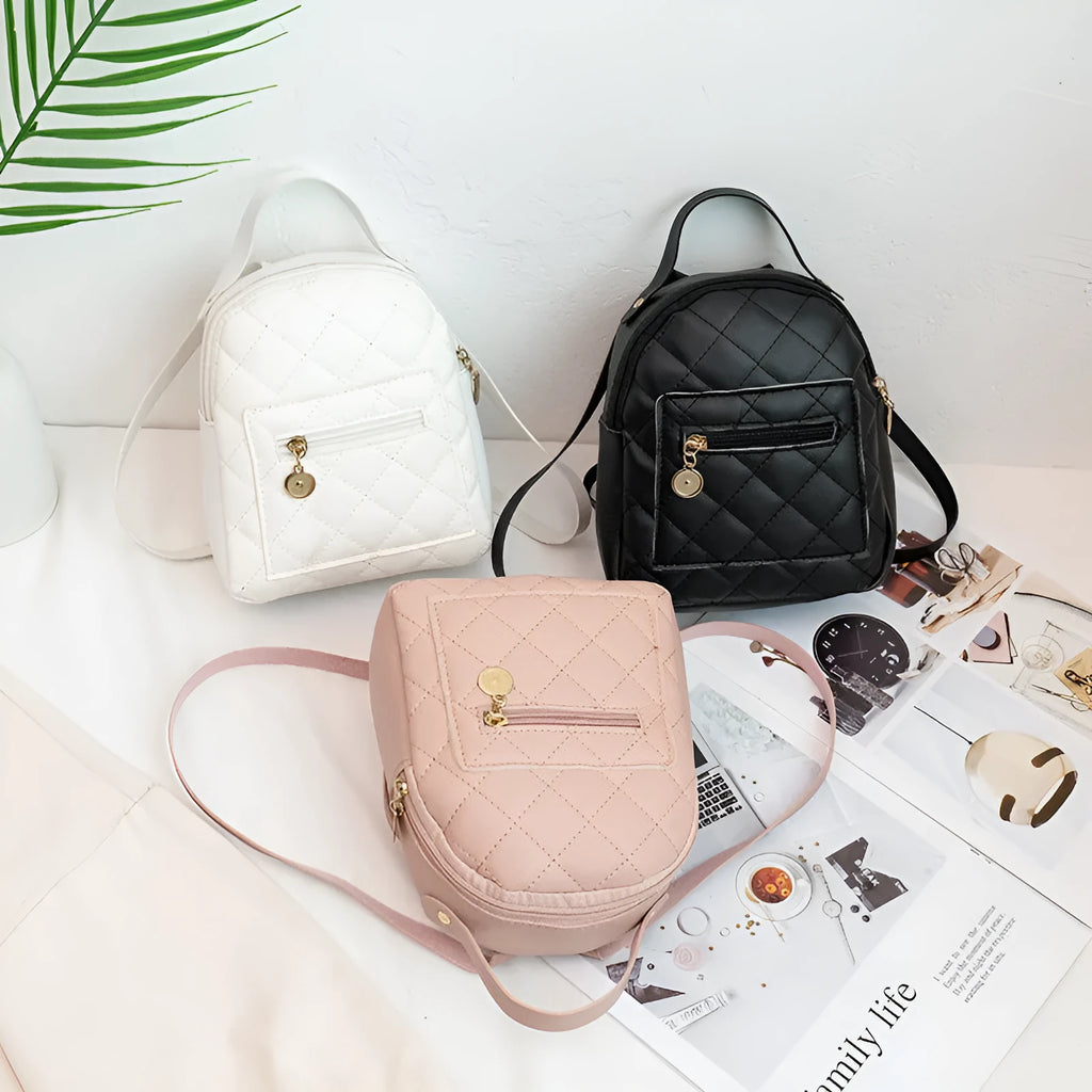 Hard square Korean style embroidered backpack for girls in black, pink, or white.