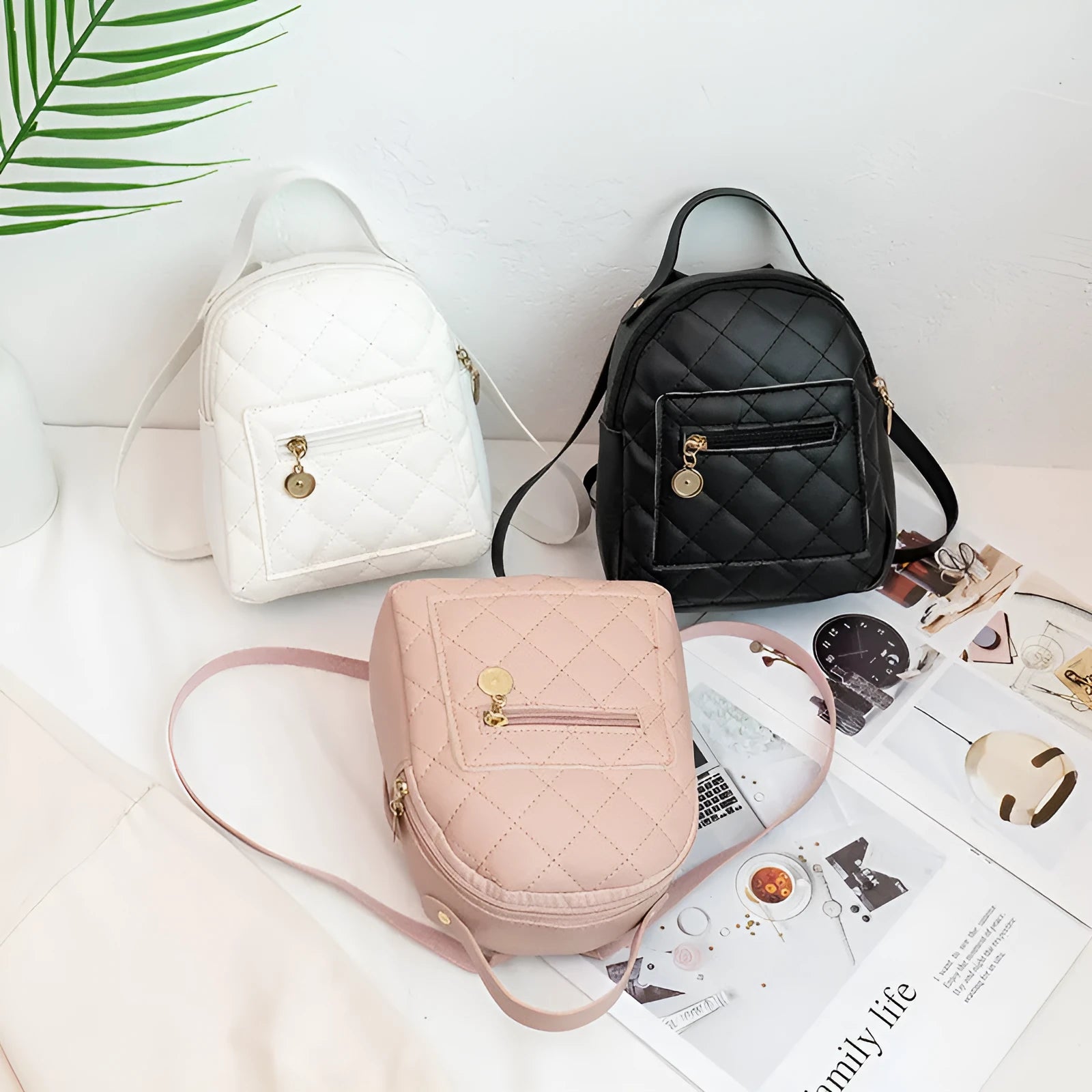 Hard square Korean style embroidered backpack for girls in black, pink, or white.