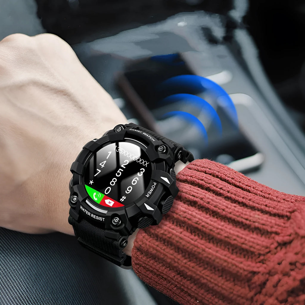 Blue smart watch with 56mm round touch screen display showing health metrics