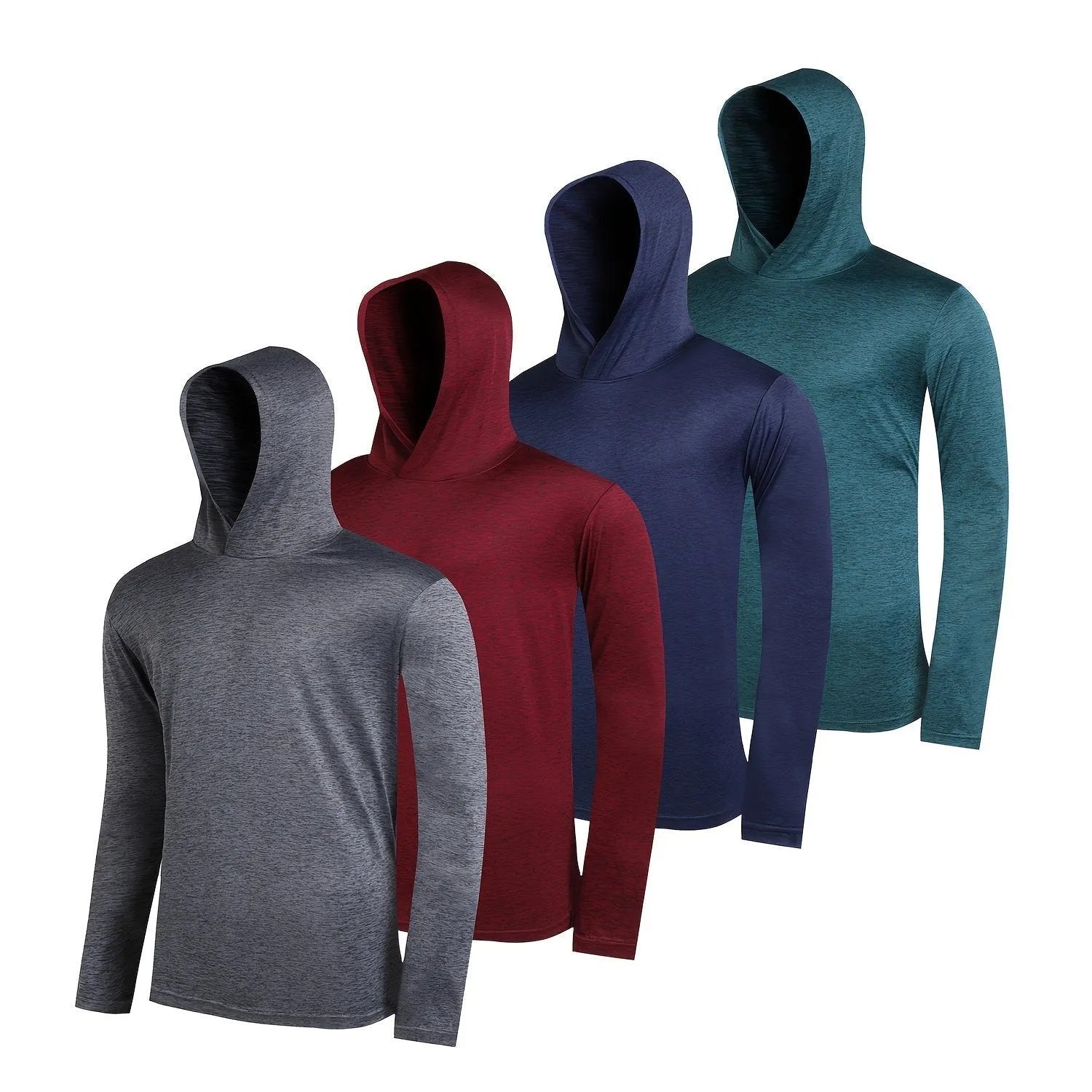 Men's lightweight hoodie four-pack in elastic polyester fibre showing colour options and hooded styles