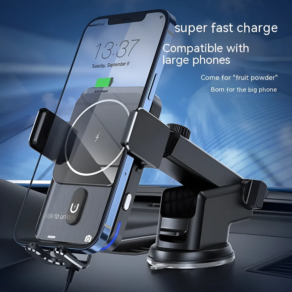 Black car wireless charging phone holder with 15W power and clip or suction cup mounting bracket