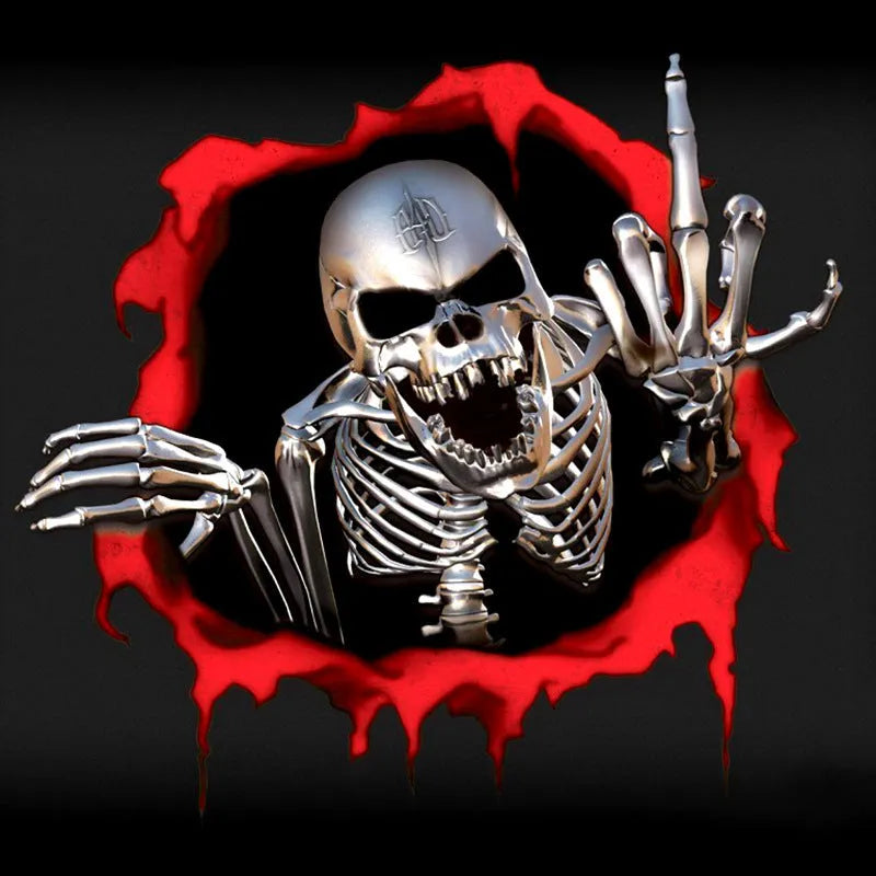 Colourful broken shell design metal skull car sticker measuring 15 by 14 centimetres