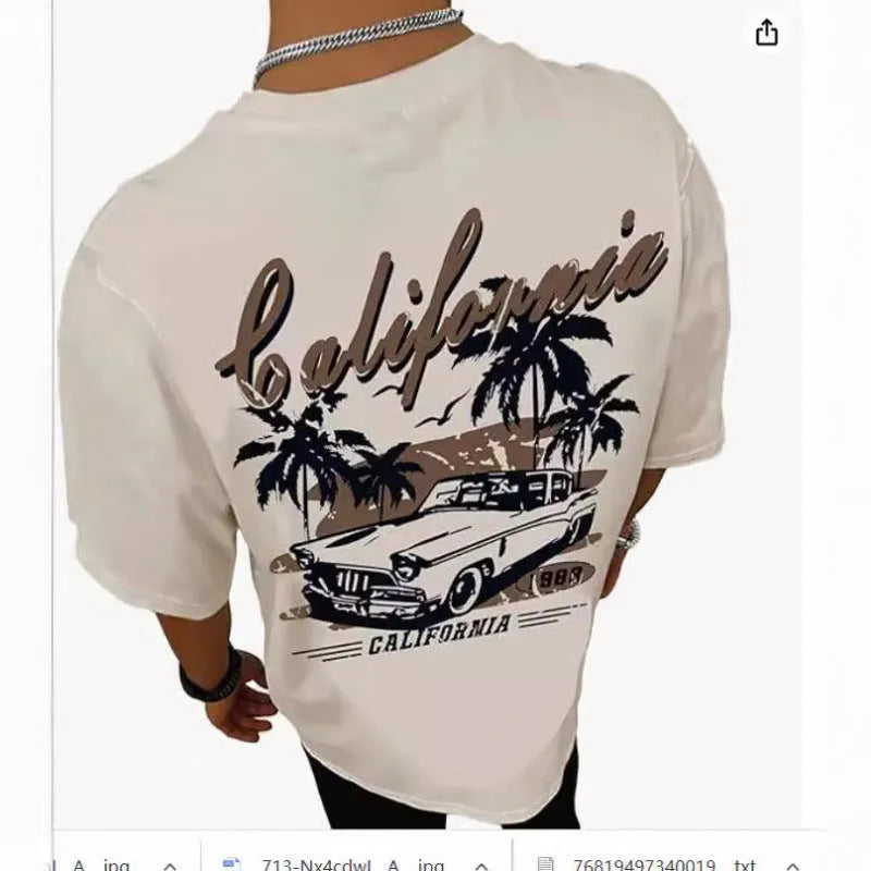 Men's grey printed short-sleeved casual t-shirt on a hanger