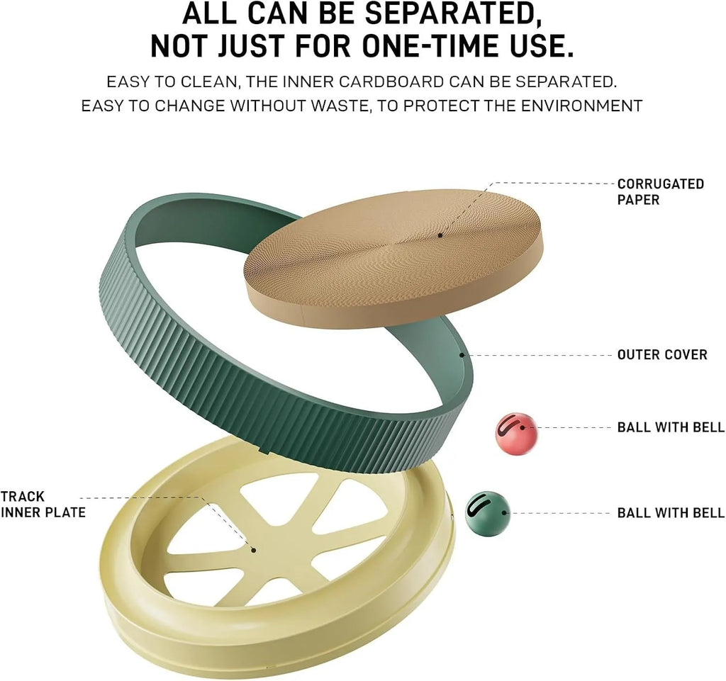 Large circular cat scratching board with integrated ball toys and replaceable cardboard core
