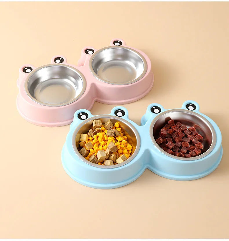 Stainless steel pet double bowl with frog design in blue, for food and water