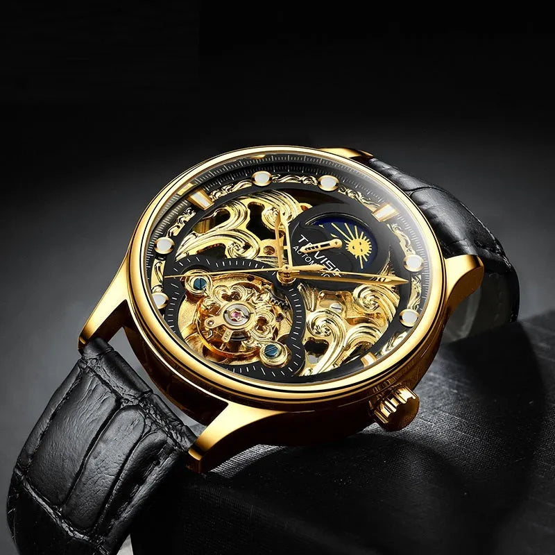 Men's waterproof automatic mechanical watch with leather strap and 16mm gold case