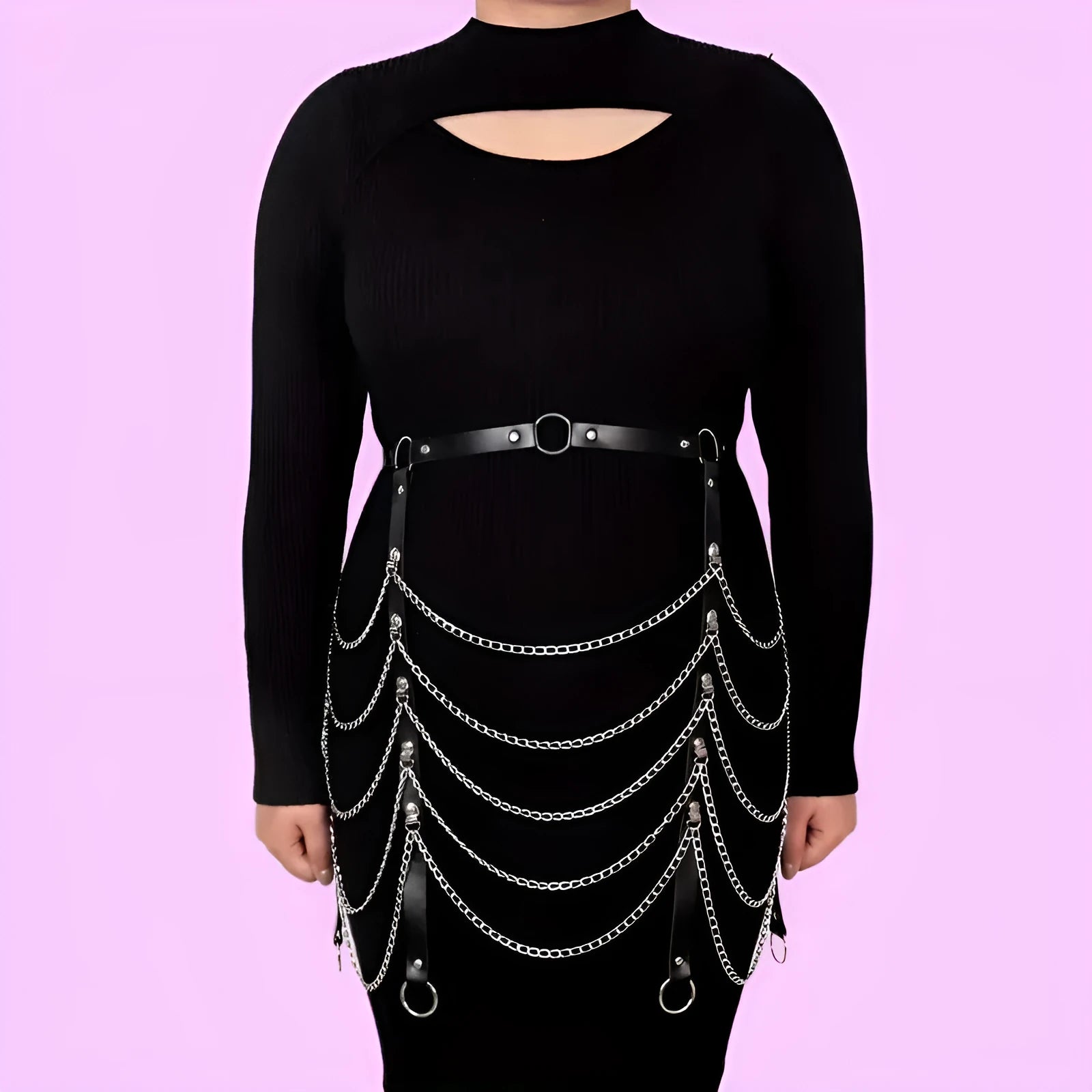 Black PU leather waist chain with bandage binding design draped on clothing