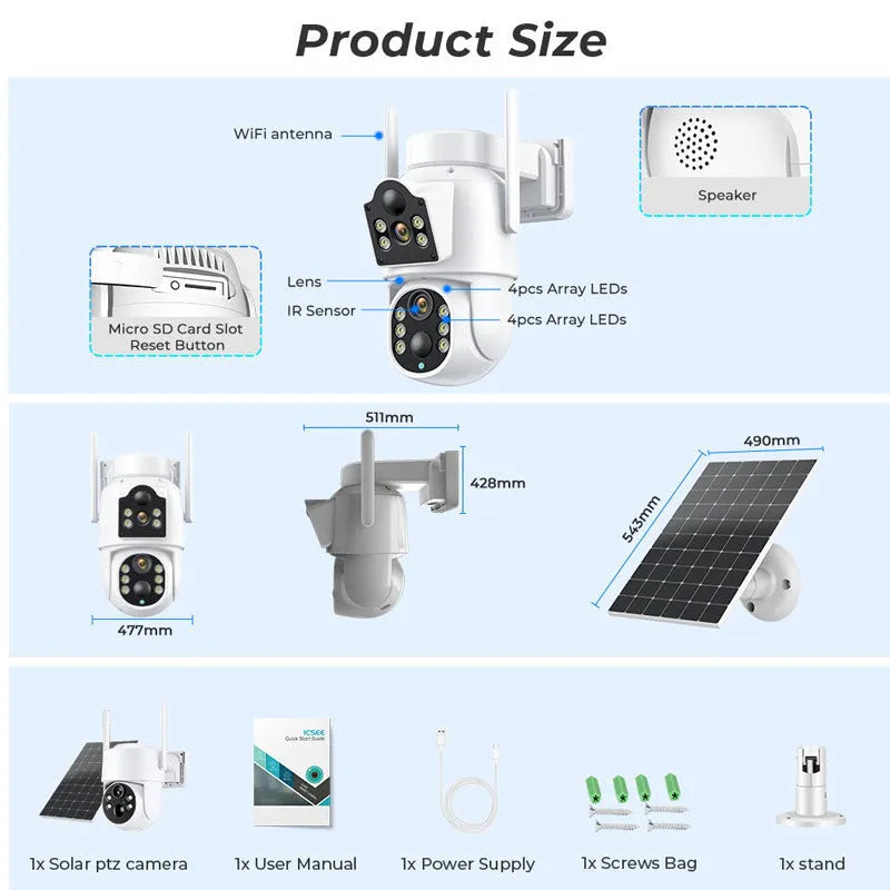 White outdoor solar security camera with solar panel on wall mounting