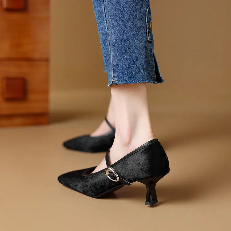 Women's black square toe stiletto ankle-strap high heel shoe made from horse hair.