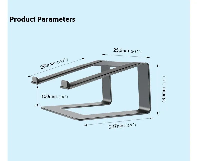 Aluminium laptop stand in black or silver with ventilation gap and foldable design