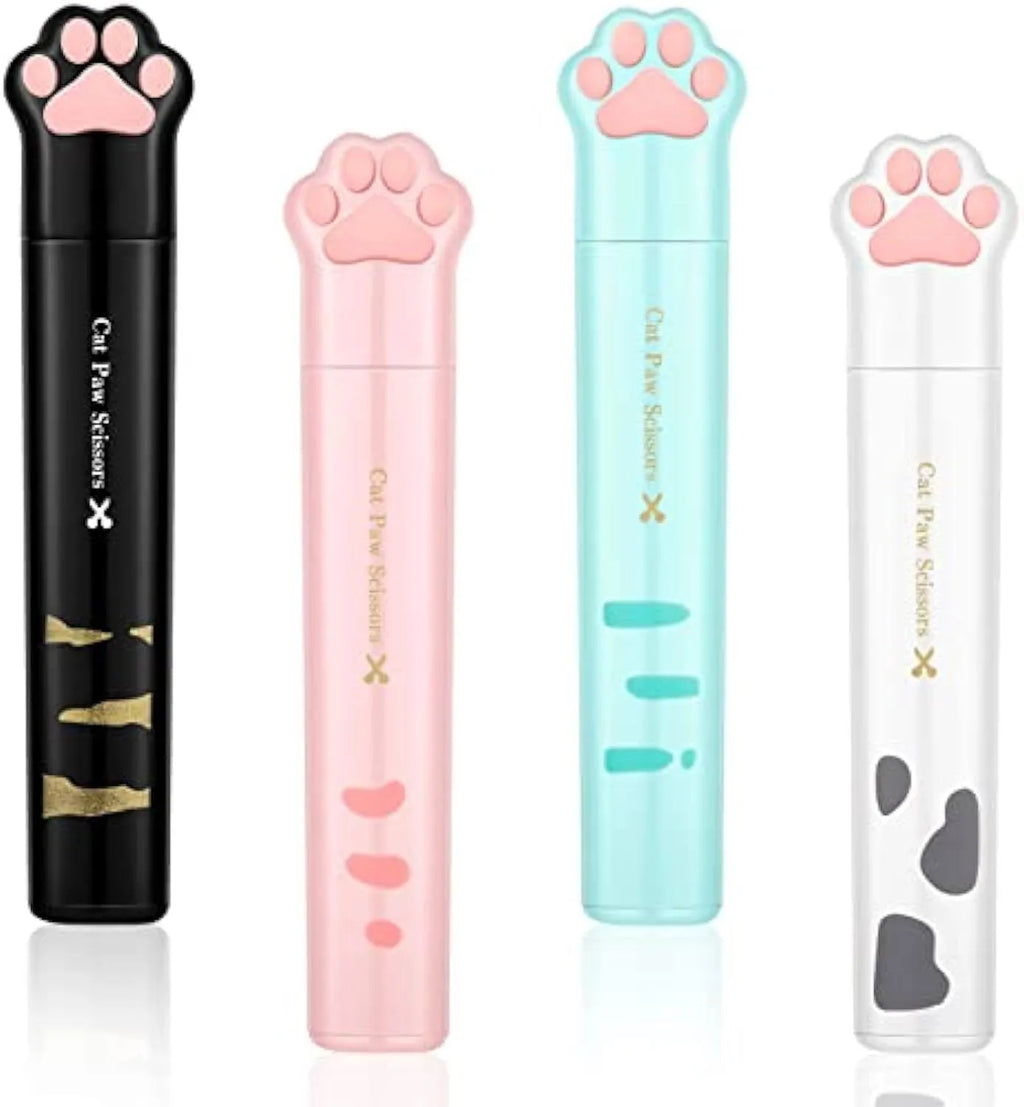 Folded cat paw mini scissors in stainless steel and plastic available in pink blue black and white colours measuring 8.7cm
