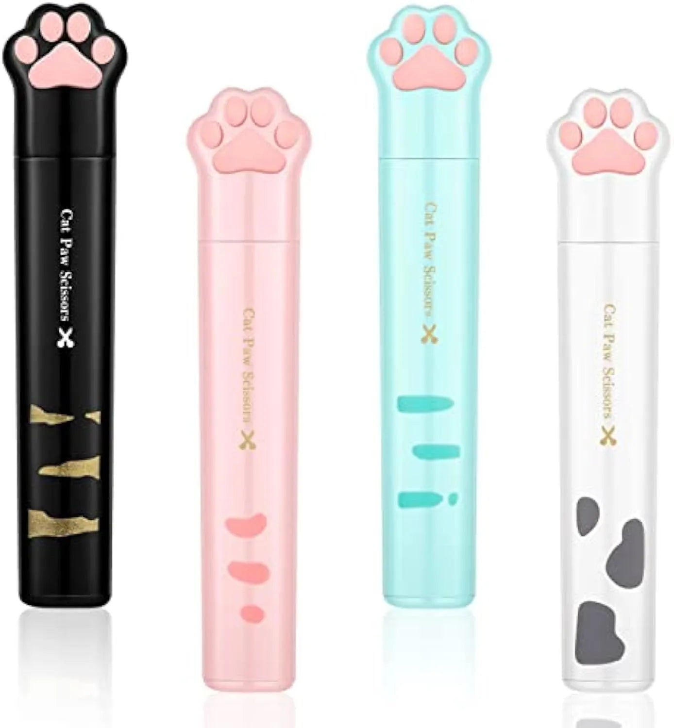 Folded cat paw mini scissors in stainless steel and plastic available in pink blue black and white colours measuring 8.7cm