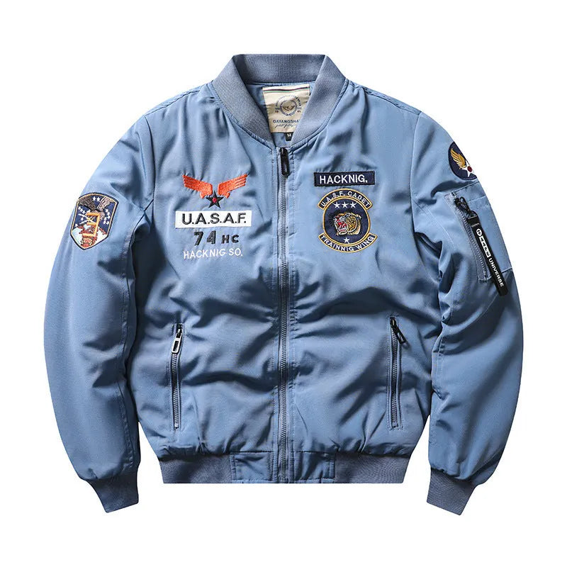 Men's slim-fit stand collar retro motorcycle cotton-padded coat in blue, black, green, or red.