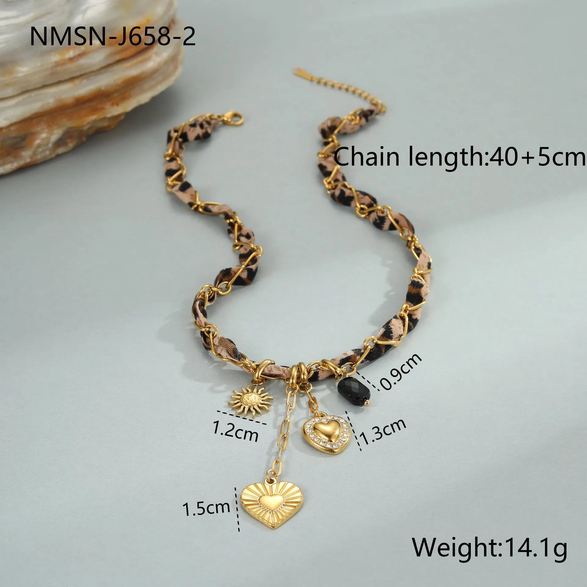 Gold-plated stainless steel necklace with leopard and love geometric pendant on an adjustable chain.