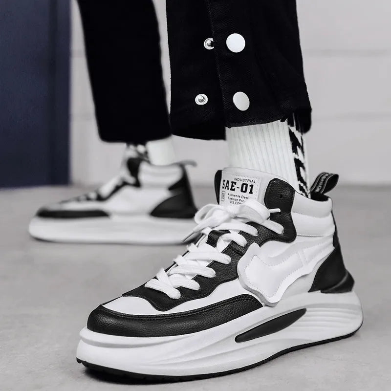Men's black and white high-top platform board shoes with round toe made from artificial PU.