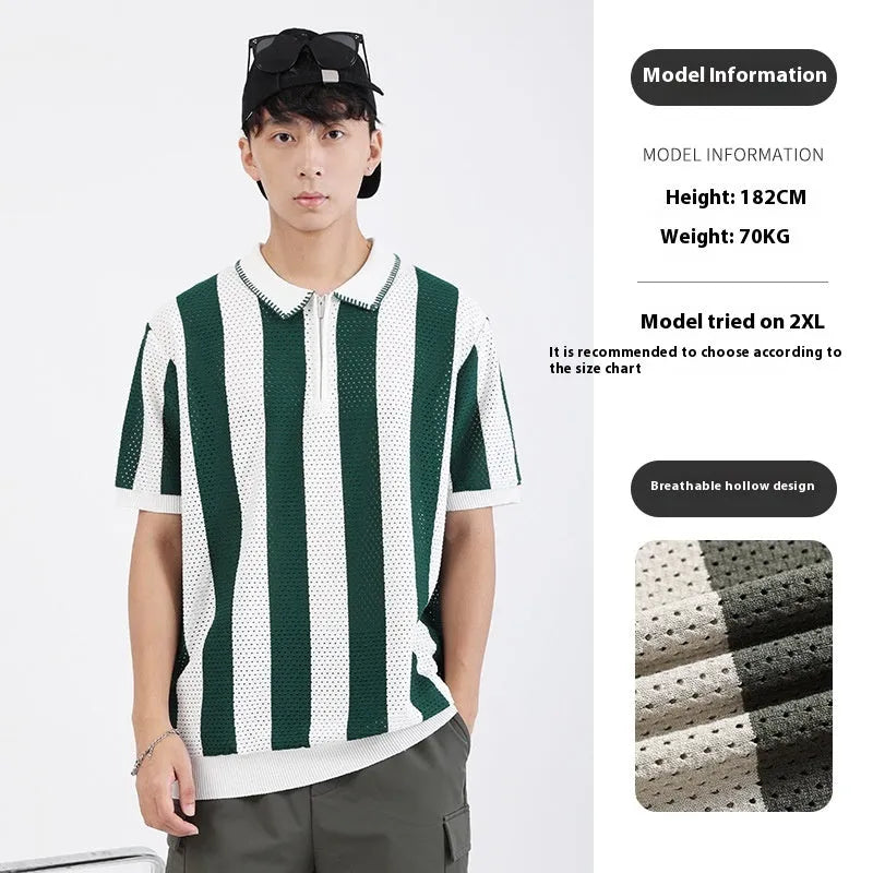 Man wearing a striped short sleeve ice silk sweater with a zipper decoration detail.