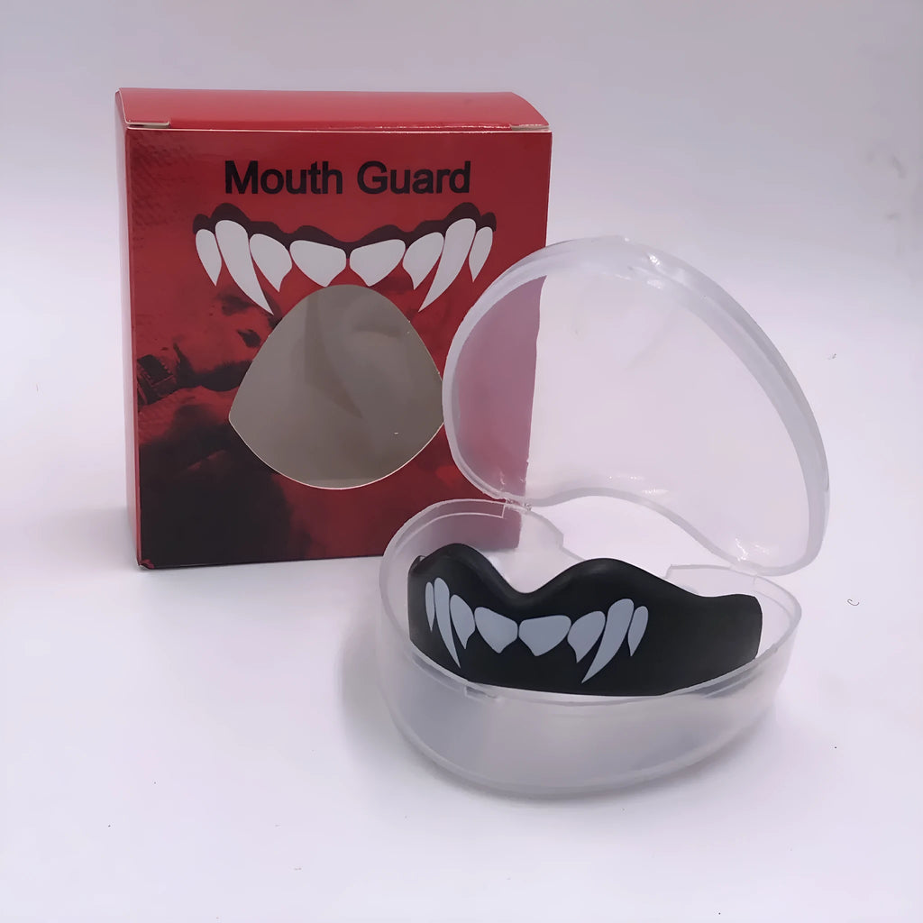 Adult boxing mouthguard with tooth socket-free design in black and white printed teeth pattern