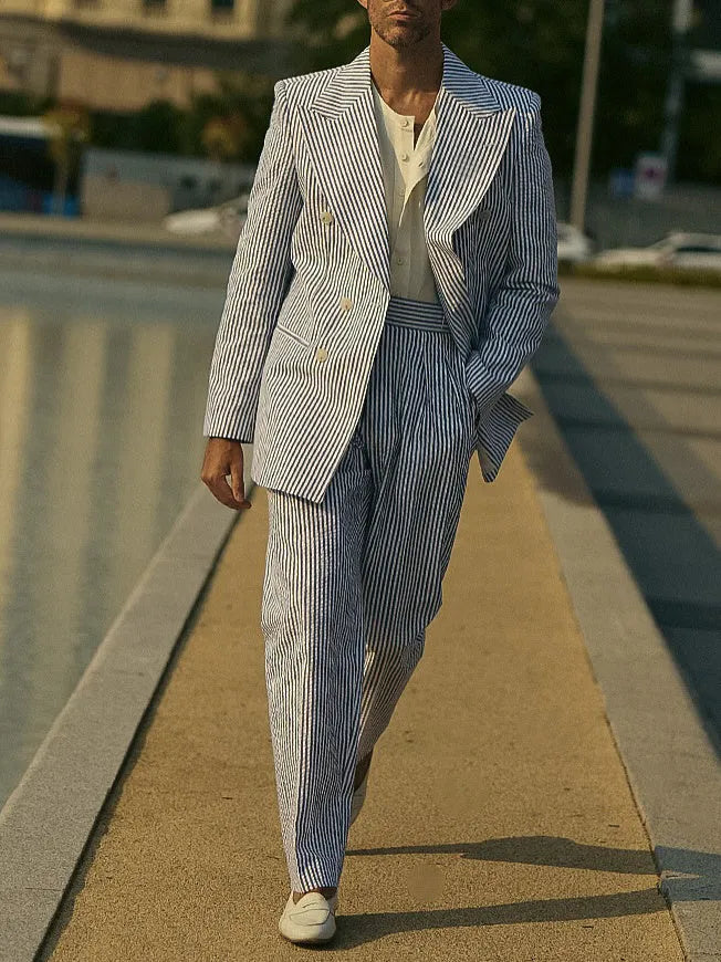 Blue and white striped polyester suit set with matching blazer and trousers for regular fit daily wear
