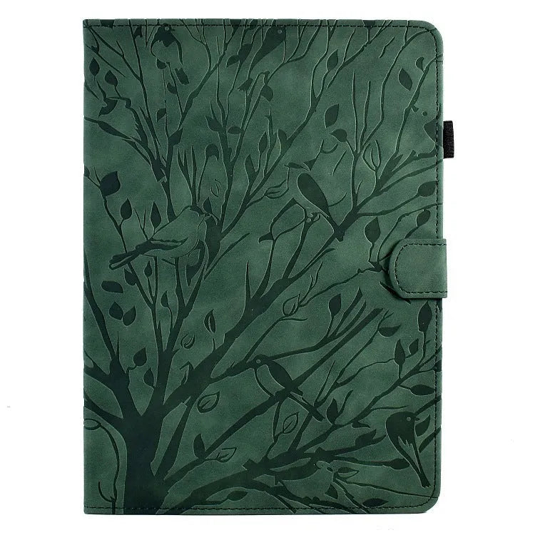 Imitation leather tablet case in black with integrated stand bracket, shown next to a tablet.