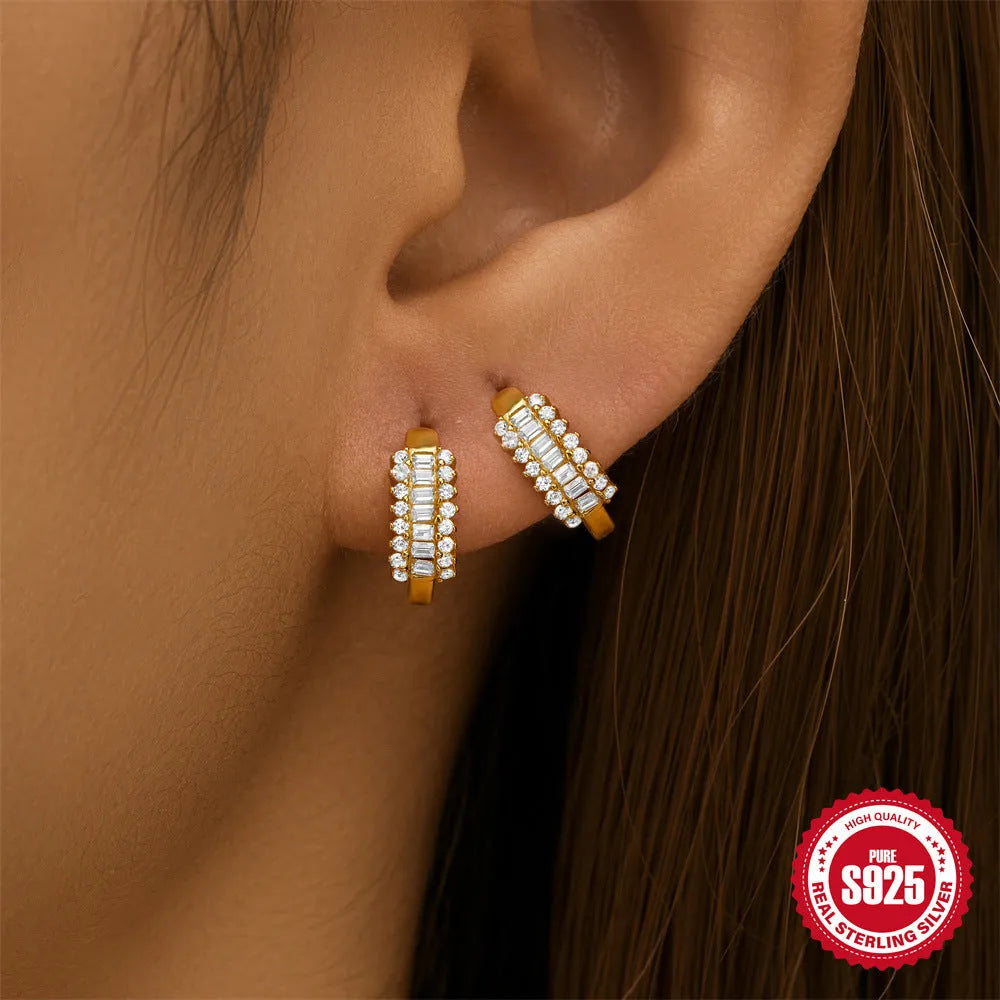 Sterling silver geometric stud earrings with small round designs in gold or silver electroplated finishes