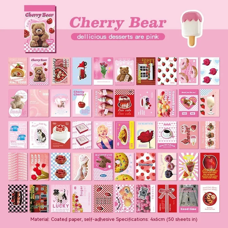 Cartoon sticker book with retro American style showing 4x6cm adhesive stickers in six colour variations