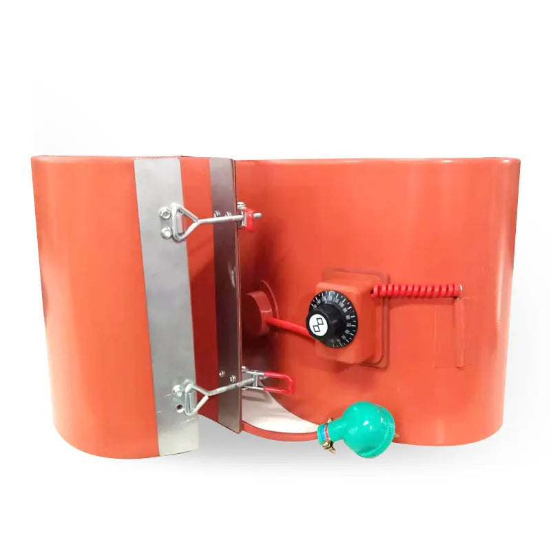 Silicone heating belt wrapped around 200-litre oil drum with digital display control unit