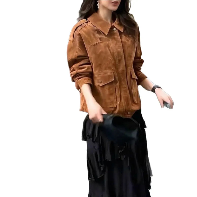 Women's brown suede street chic coat with regular sleeves