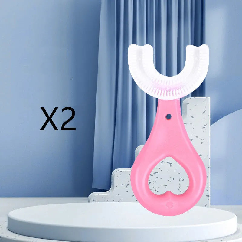 Children's U-shaped soft rubber toothbrush in pink and blue colours for milk teeth cleaning